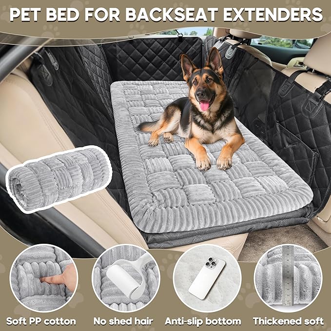 Dog Car Bed Mat, Non-Slip Backseat Extender Pet Blanket, Plaid Dog Bed for SUVs, Sedans & Trucks, Chew-Resistant Travel Pad for Dogs, Easy Clean & Scratch-Proof & Comfort (50"x24.6") Light Gray-Mewly Pet
