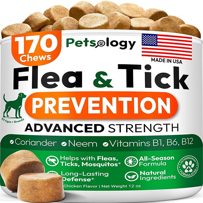 Flea and Tick Prevention for Dogs Pills - Natural Dog Flea & Tick Control - 170 Soft Chewables - Oral Defense Treatment for Dogs Supplement - Vet Formulated Chews - All Breeds & Ages - Made in USA-Mewly Pet