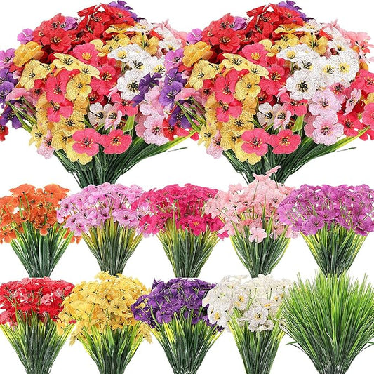 Lyrow 100 Bundles Violet Artificial Flowers, UV Resistant Faux Flowers Outdoor, Faux Silk Flowers, Fake Violet Flowers Bulk for Front Porch Hanging Garden Courtyard Farmhouse Home(Classic Colors)