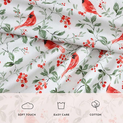 Laura Ashley - Flannel Sheets Twin Size, Anti-Pilling & Wrinkle Resistant Cotton, Touchably Soft for All-Season Comfort - Bed Sheets with Matching Pillowcase & Fitted Sheet (Jolly Cardinals Green)