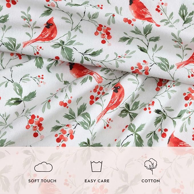 Laura Ashley - Flannel Sheets King Size, Anti-Pilling & Wrinkle Resistant Cotton, Touchably Soft for All-Season Comfort - Bed Sheets with Matching Pillowcases & Fitted Sheet (Jolly Cardinals Green)