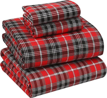 RUVANTI Flannel Sheets King Size - 100% Cotton Brushed King Size Sheets Set - Deep Pockets 16 Inches Bed Sheets - All Seasons Breathable & Extra Soft - Warm & Cozy, 4 Piece, Red Plaid