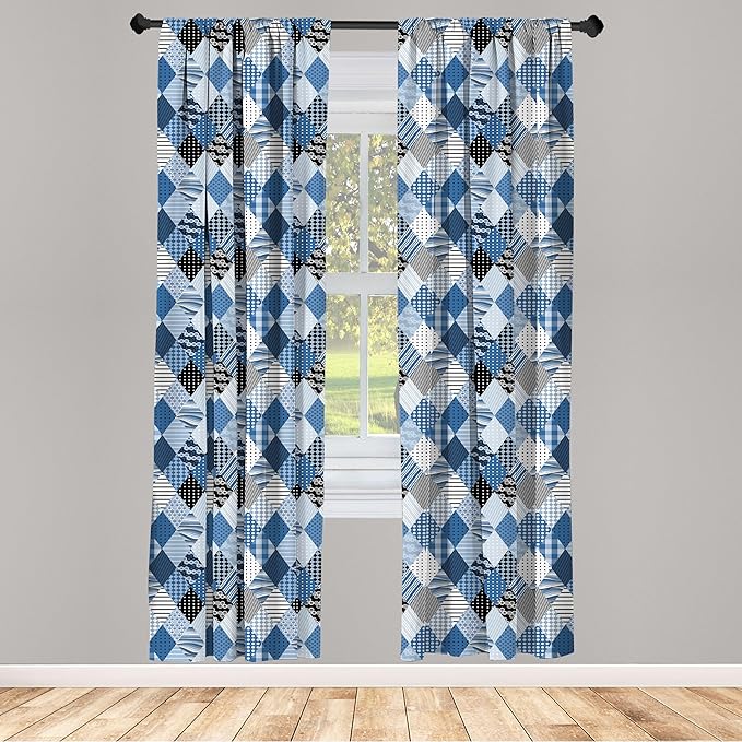 Ambesonne Geometric Window Curtains, Geometrical Diamond Shaped Lines with Various Nostalgic Fashioned Old Pattern, Decorative Panels Set of 2 with Rod Pocket, Pair of - 28" x 95", Black Blue