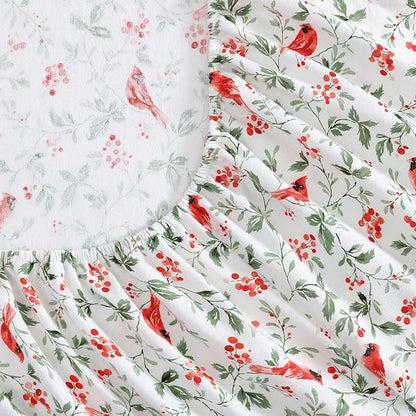 Laura Ashley - Flannel Sheets King Size, Anti-Pilling & Wrinkle Resistant Cotton, Touchably Soft for All-Season Comfort - Bed Sheets with Matching Pillowcases & Fitted Sheet (Jolly Cardinals Green)