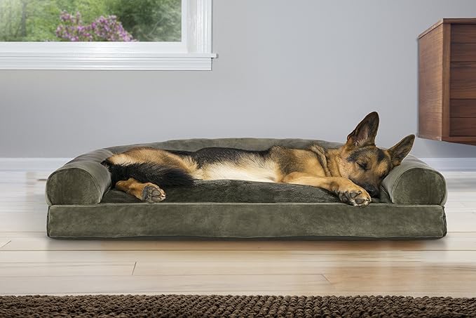 Furhaven Pillow Dog Bed for Large Dogs w/ Removable Bolsters & Washable Cover - Faux Fur & Velvet Sofa - Dark Sage, Jumbo/XL-Mewly Pet