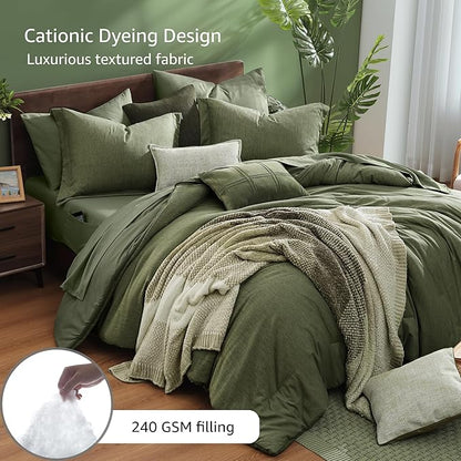 Monbix Oversized Queen Comforter Set - 7 Pieces Cationic Dyeing Olive Green Bed in a Bag Bedding Sets with Comforter, Sheets, Pillowcases & Shams, Reversible Bedding Comforters Sets