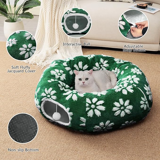 Cat Tunnel for Indoor Cats, Cute Peekaboo Cat Cave with Dangling Balls, Pet Donut Tunnel Bed with Circle Mat for Puppy Kitten Rabbit, Green Flower-Mewly Pet