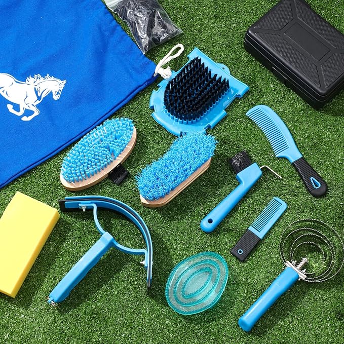 Abbylike 12 Pieces Horse Grooming Kit Racing Festival Tack Room Supplies Horse Brush Sets Equine Care Cleaning Kit Shedding Grooming Massaging Tools(Blue)-Mewly Pet