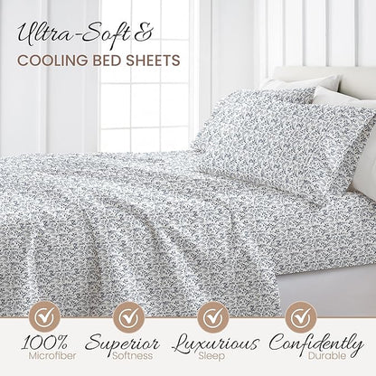 Linen Market Double-Brushed Patterned Microfiber California King Sheet Set 4 Piece – OEKO-TEX Certified Ultra Soft & Wrinkle-Free - 16" Deep Pocket Sheets Easy Care Cal-King Size - Burst of Vines Navy