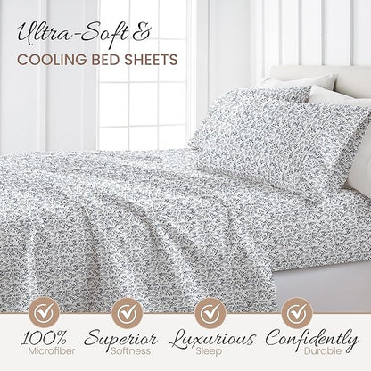 Linen Market Double-Brushed Patterned Microfiber Queen Sheet Set 4 Piece – Oeko-TEX Certified Ultra Soft & Wrinkle-Free - 16" Deep Pocket Sheets - Easy Care Queen Size - Burst of Vines Navy