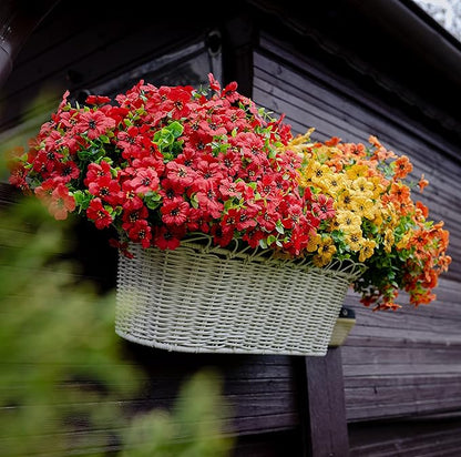 Artificial Flowers for Outdoors Fake Plants - 16 Bundles Faux Outside Greenery Boxwood No Fade Plastic Shrubs Fall Decor Farmhouse Home Garden Thanksgiving Mums (PureRed)