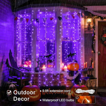 JMEXSUSS 300LED Purple Christmas Lights with Remote, Curtain Hanging Light Plug in, 8 Modes Purple String Lights for Bedroom Window Wall Party Backdrop Halloween Christmas Decorations