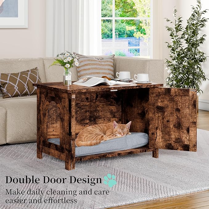 Vongrasig Cat Litter Box Enclosure,Litter Box Furniture Hidden with Barn Door,Wooden Cat Washroom Furniture,Cat House,End Table, Fit Most of Litter Box, Brown-Mewly Pet