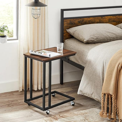 VASAGLE End Table, C Shaped TV Tray with Metal Frame Rolling Casters, Industrial Side Table for Living Room Bedroom, 19.7 x 13.8 x 23.6 Inches, Dark Walnut and Black