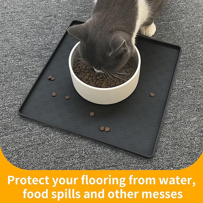 Ptlom Pet Placemat for Dog and Cat, Waterproof Non-Slip Silicone Feeding Bowl Mat Prevent Food and Water Overflow, Puppy Dish Feeder Fountain Trays Suitable for Medium and Small Pets, Black-Mewly Pet