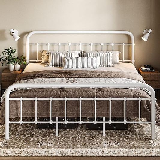 Allewie King Size Metal Platform Bed Frame with Victorian Style Wrought Iron-Art Headboard/Footboard, No Box Spring Required，White