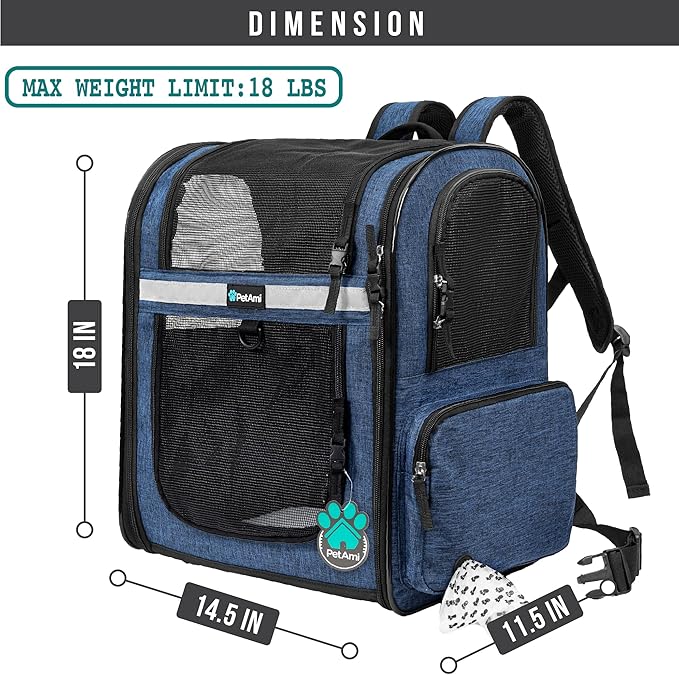 PetAmi Dog Backpack Carrier for Small Large Cat, Pet, Puppies, Ventilated Pet Hiking Backpack Travel Bag, Airline Approved Cat Backpack Carrier, Safety Back Support, Camping Biking, Max 18 lbs, Navy-Mewly Pet