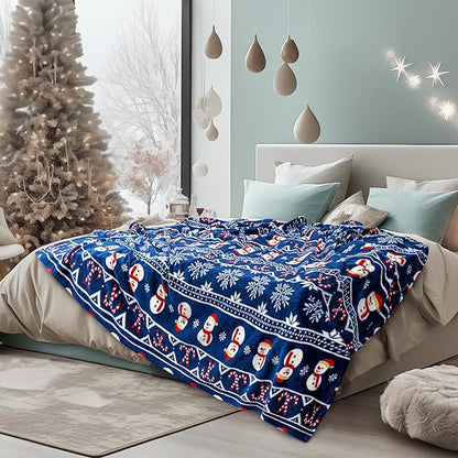 PAVILIA Christmas Snowman Throw Blanket | Blue Holiday Christmas Fleece Blanket | Soft, Plush, Warm Winter Cabin Throw, 50x60 (Blue Christmas)