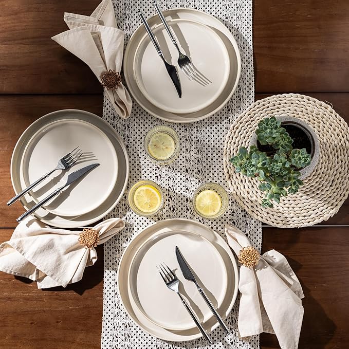 GBHOME Ceramic Dinnerware Sets for 4, 12 Pieces Stoneware Plates and Bowls Sets, Scratch Resistant Dishes, Dishwasher & Microwave Safe, Reactive Glaze-Vanilla color-Mewly Pet