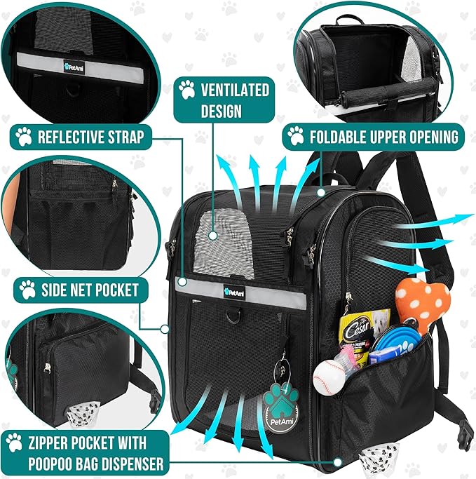 PetAmi Dog Backpack Carrier for Small Large Cat, Pet, Puppies, Ventilated Pet Hiking Backpack Travel Bag, Airline Approved Cat Backpack Carrier, Safety Back Support, Camping Biking, Max 18 lbs, Black-Mewly Pet