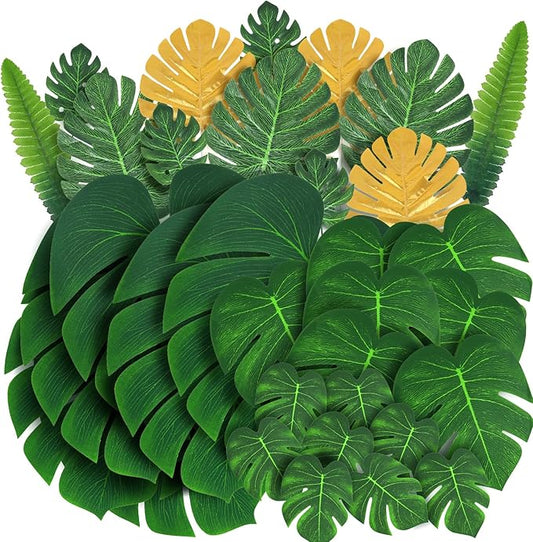 RECUTMS Artificial Tropical Palm Leaves 72Pcs 7 Kinds Green Gold Fake Monstera Leaf with Stem for Safari Jungle Hawaiian Luau Beach Baby Shower Wedding Birthday Party Table Summer Spring Decoration