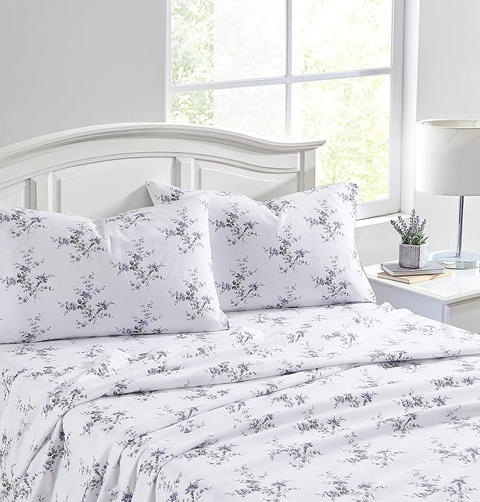 Laura Ashley - Flannel Sheets King Size, Anti-Pilling & Wrinkle Resistant Cotton, Touchably Soft for All-Season Comfort - Bed Sheets with Matching Pillowcases & Fitted Sheet (Jessika Lavender)