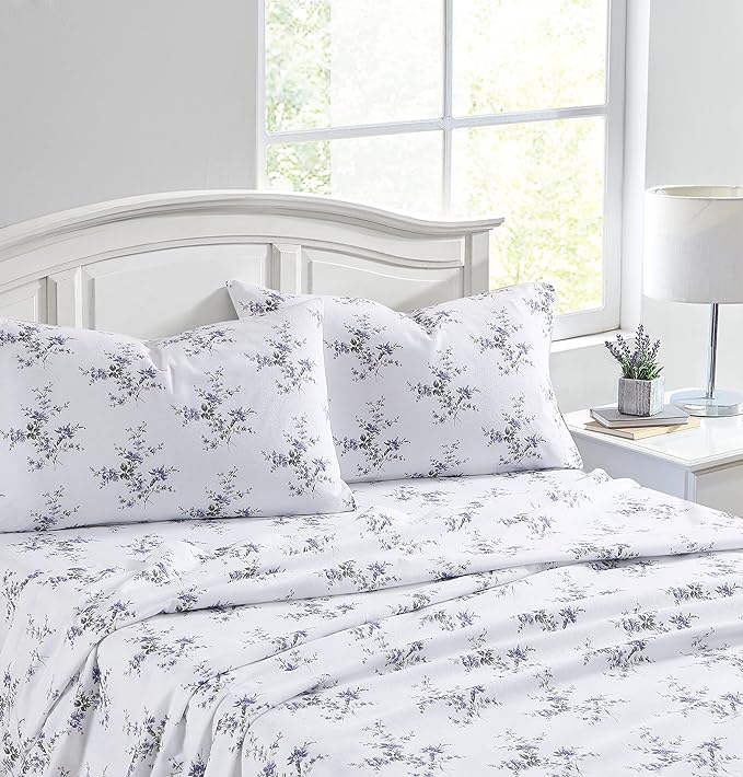 Laura Ashley - Flannel Sheets Queen Size, Anti-Pilling & Wrinkle Resistant Cotton, Touchably Soft for All-Season Comfort - Bed Sheets with Matching Pillowcases & Fitted Sheet (Jessika Lavender)