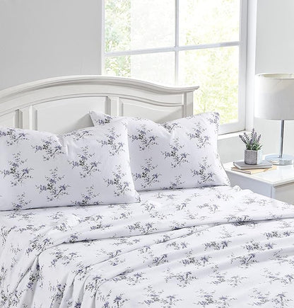 Laura Ashley - Flannel Sheets Twin Size, Anti-Pilling & Wrinkle Resistant Cotton, Touchably Soft for All-Season Comfort - Bed Sheets with Matching Pillowcase & Fitted Sheet (Jessika Lavender)