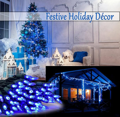 Holiday Essence Blue LED Xmas String Light 100 Count Green Wire 26.9 Ft Incandescent Hanukkah Traditional Light for Indoor Outdoor Home Décor, Wedding Lighting Decoration