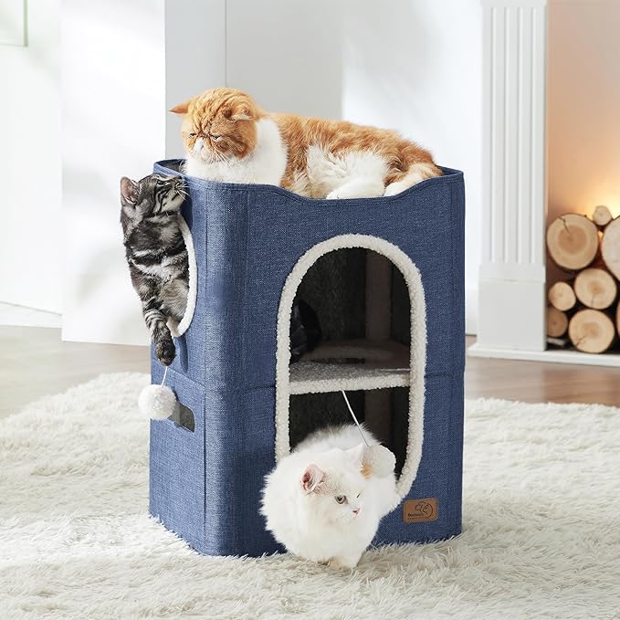 Bedsure 2 Story Cat House - Cat Condos for Indoor Cats with Scratch Pad and Fluffy Ball Hanging, Small Pet Cave Furniture Hideaway for Multi Pets, 18x14x23 inches, Blue-Mewly Pet