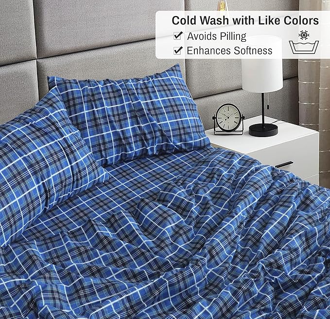 RUVANTI Flannel Sheets Twin Size - 100% Cotton Double Brushed Twin Sheets Set, Deep Pockets 16 Inches, All Seasons Breathable & Extra Soft Bed Sheets, Warm & Cozy, 3 Piece, Blue Plaid