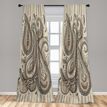 Ambesonne Paisley Window Curtains Pack of 2, Delicate Bohemian Leafy Motives on Stripes in Neutral Muted Colors, Lightweight Set with Rod Pocket, 4 Panels of - 28" x 95", Warm Taupe Ivory and Sepia