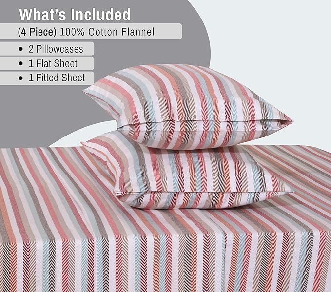 RUVANTI Flannel Sheets Full Size - 100% Cotton Double Brushed Bed Sheets Set, Deep Pockets 16 Inches, All Seasons Breathable & Extra Soft Full Sheets, Warm & Cozy, 4 Piece, Multi Chevron Stripe