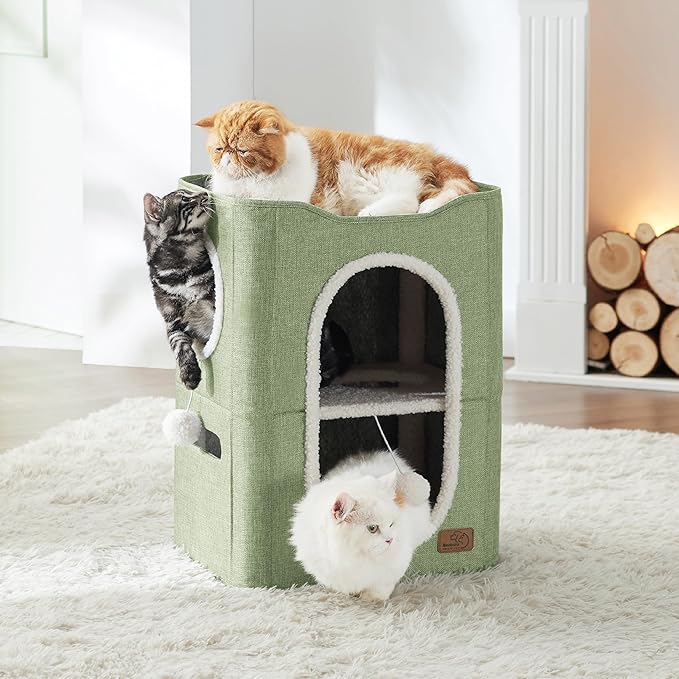 Bedsure 2 Story Cat House - Cat Condos for Indoor Cats with Scratch Pad and Fluffy Ball Hanging, Small Pet Cave Furniture Hideaway for Multi Pets, 18x14x23 inches, Green-Mewly Pet