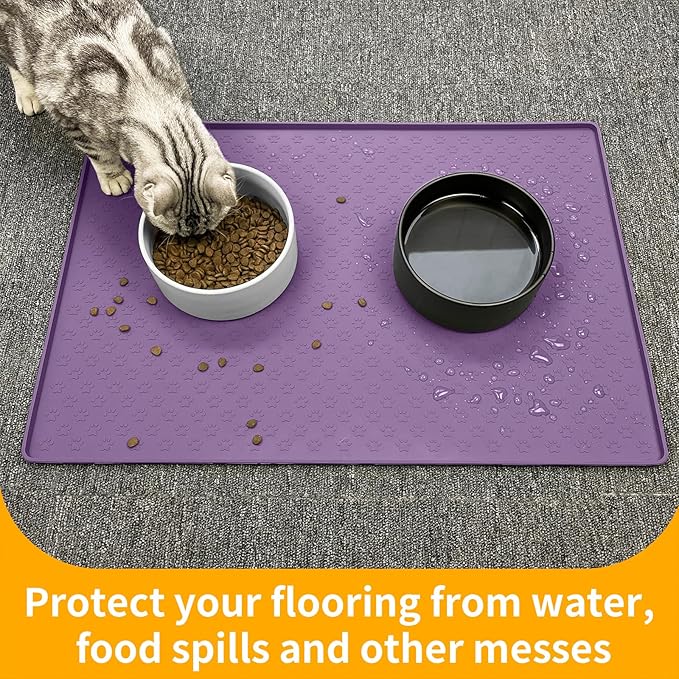 Ptlom Silicone Dog Food Mat Waterproof Pet Feeding Mat with High-Lips, Anti-Slip Dog Bowl Mat for Food & Water, Non-Spill Puppy Feeding Tray for Small, Medium & Large Dogs and Cats, Purple-Mewly Pet