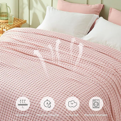 Bedsure Cooling Cotton Waffle Queen Size Blanket - Lightweight Breathable Blanket of Rayon Derived from Bamboo for Hot Sleepers,Spring Pink, 90x90 Inches