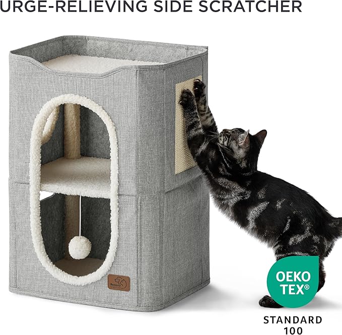 Bedsure 2 Story Cat House - Cat Condos for Indoor Cats with Scratch Pad and Fluffy Ball Hanging, Small Pet Cave Furniture Hideaway for Multi Pets, 18x14x23 inches, Grey-Mewly Pet