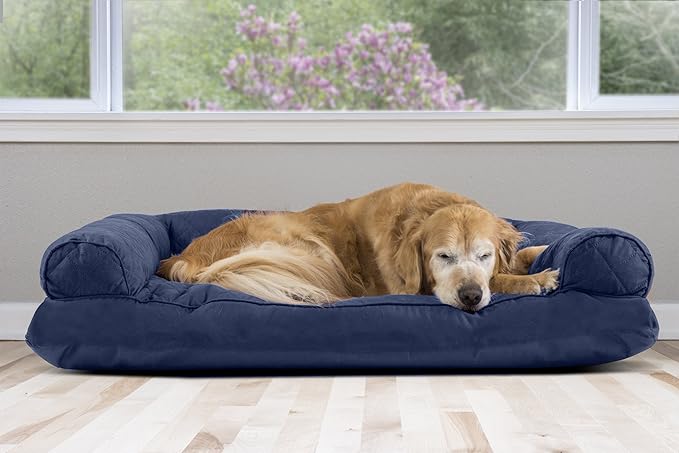 Furhaven Pillow Dog Bed for Large Dogs w/ Removable Bolsters & Washable Cover - Quilted Sofa - Navy (Blue), Jumbo/XL-Mewly Pet