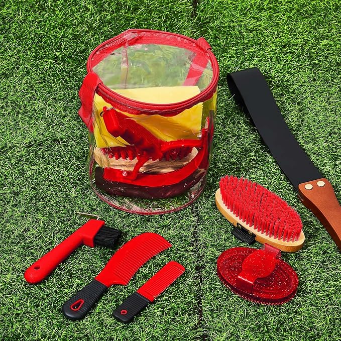 9 Pieces Horse Grooming Kit Tack Room Supplies Set with Organizer Tote Bag, Oval Massage Curry, Hard and Soft Brush, Hoof Pick, Sweat Scraper, Bathing Sponge, Combs for Horse Riders Beginners (Red)-Mewly Pet