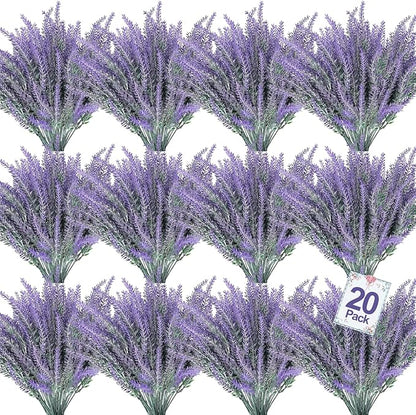 TURNMEON 20 Bundles Artificial Lavender Flowers for Outdoors, UV Resistant Fake Plants Artificial Plastic Faux Plants for Home Window Box Planter Porch Gardens Cemetery Summer Decor(Gray Purple)