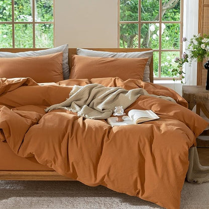 MooMee Bedding Duvet Cover Set 100% Washed Cotton Linen Like Textured Breathable Durable Soft Comfy (Solid Burnt Orange, Oversized Queen 98"x98")
