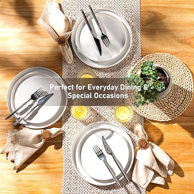 GBHOME Ceramic Dinnerware Sets for 4, 12 Pieces Stoneware Plates and Bowls Sets, Reactive Glaze Dishes -Scratch Resistant, Dishwasher&Microwave Safe-Star White-Mewly Pet