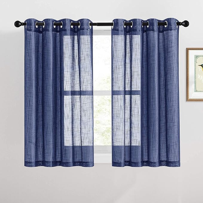 RYB Home Linen Sheer Curtains - Grommet Semi Sheer Privacy Farmhouse Curtain Panels for Bedroom Office Living Room, W 52 inch x L 45 inch, 2 Pcs, Navy Blue