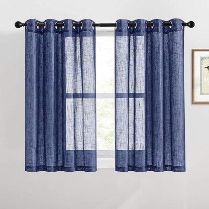RYB Home Linen Sheer Curtains - Grommet Semi Sheer Privacy Farmhouse Curtain Panels for Bedroom Office Living Room, W 52 inch x L 45 inch, 2 Pcs, Navy Blue