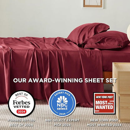 Bedsure King Size Sheets Set, Cooling Sheets for Hot Sleepers, Rayon Derived from Bamboo, Breathable & Soft, Deep Pocket Up to 16 Inches, Hotel Luxury Silky Bedding, Burgundy