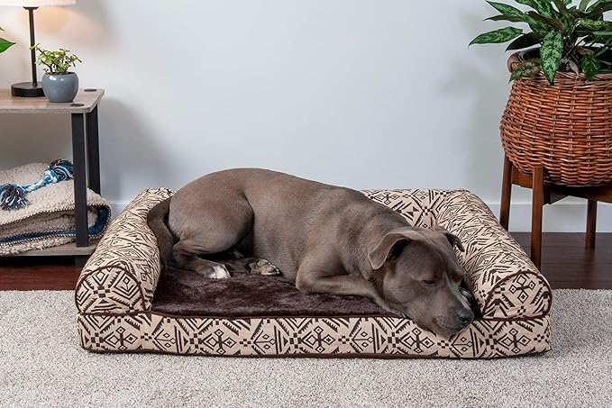 Furhaven Orthopedic Dog Bed for Large/Medium Dogs w/ Removable Bolsters & Washable Cover, For Dogs Up to 55 lbs - Plush & Southwest Kilim Woven Decor Sofa - Desert Brown, Large-Mewly Pet
