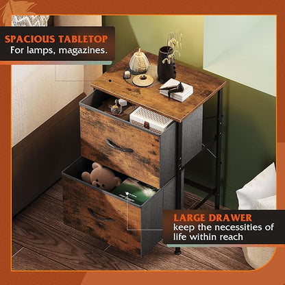 WLIVE Night Stand with Drawers, Dresser for Bedroom with 2 Fabric Drawer, Small Bedside Tables, Nightstand End Table Furniture, College Dorm, Rustic Brown Wood Grain Print, Size L