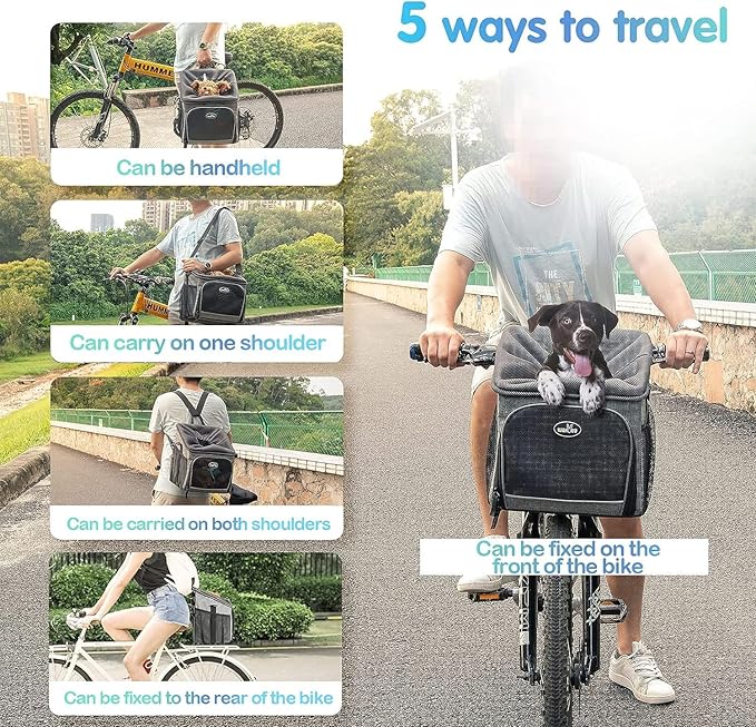 Dog Bike Basket Carrier, Pet Bicycle Front Carrier Backpack for Bike Riding Foldable Removable, Reflective Strips, 2 Side Storage Pockets, Pet Travel Bag for Cats Small Dogs-Mewly Pet
