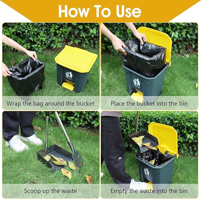 Dog Pooper Scooper, 20L Large Dog Poop Trash Can Outside with Removable Inner Bucket, Poop Trash Can for dog Outdoors with 90 Waste Bags, 37inch Long Handle Stainless Metal Tray & Rake-Mewly Pet