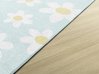 Flagship Carpets Schoolgirl Style White Daisies on Blue Educational Area Rug for Kids Room Seating Décor, Children's Classroom, Play Carpet for Teaching and Playroom, 7'6" x 12'